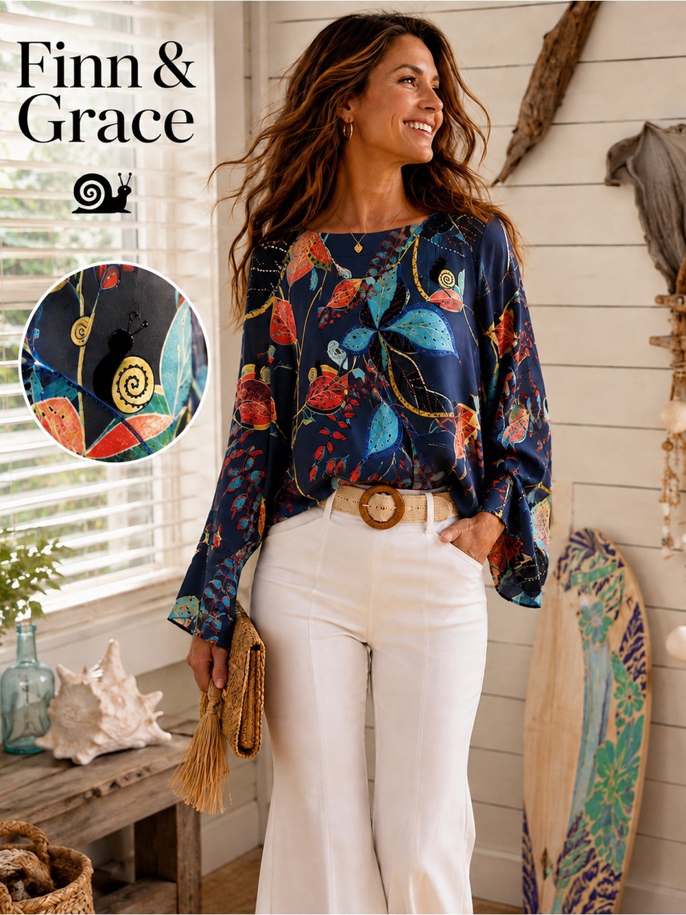Finn & Grace Snail Print Blouse Bell Sleeve Whimsical Art Top Coastal,Size L